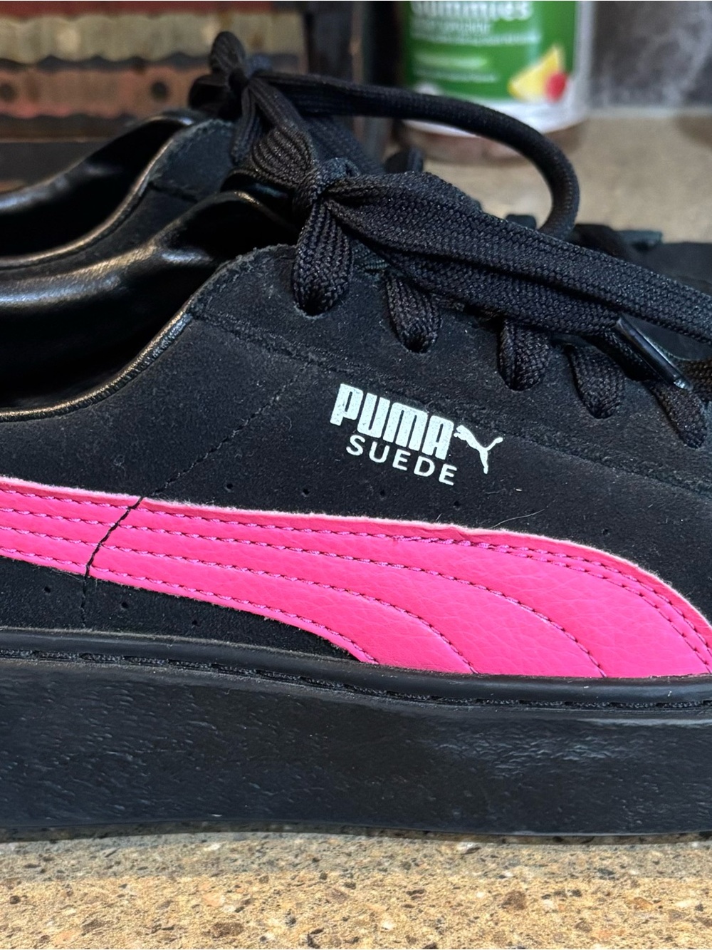Puma Suede Women's Black Sneakers with Hot Pink Formstrip